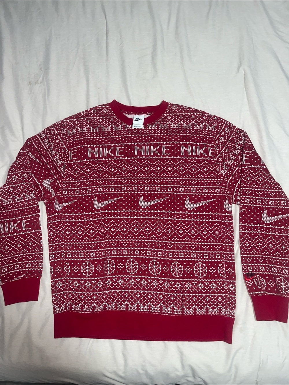 Nike Red and White Fair Isle Crewneck Sweater